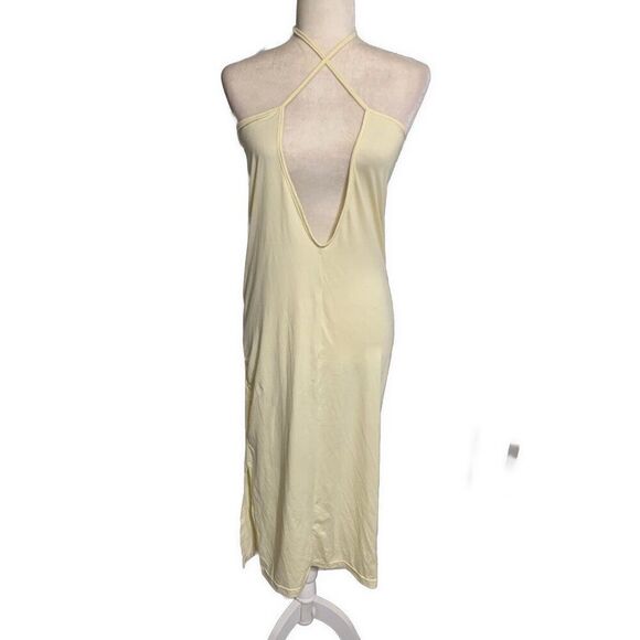 Womens Solid Flax Soft Yellow Deep Plunge Halter Tank Midi Dress Medium - Picture 1 of 4